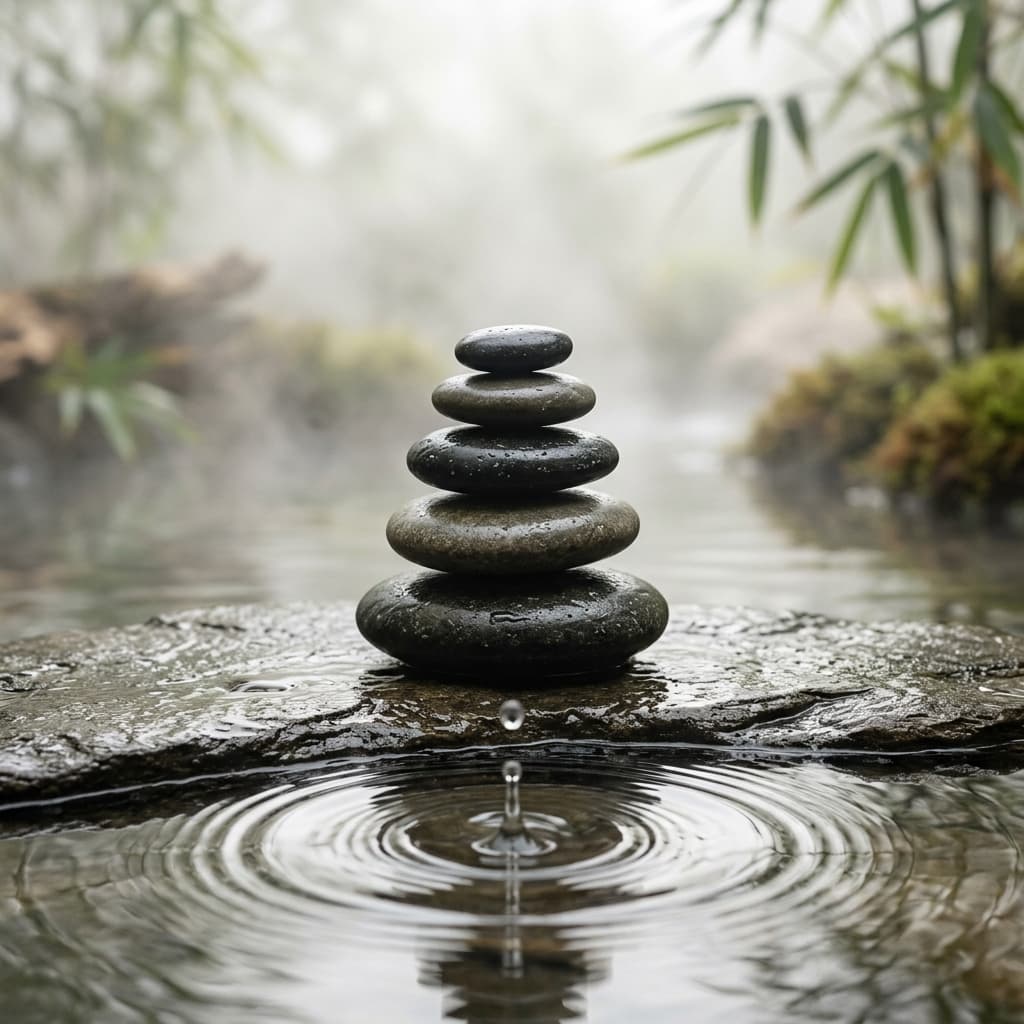 Zen meditation stones in water representing balance